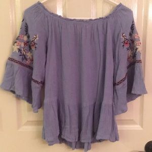 Blue embroidered off the shoulder top
